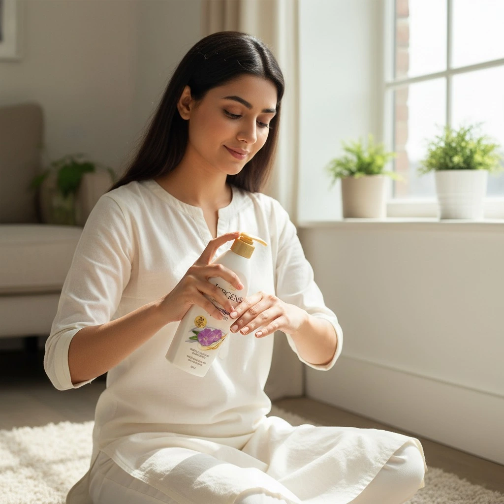 Pakistani woman using Jergens lotion for daily moisturizing routine