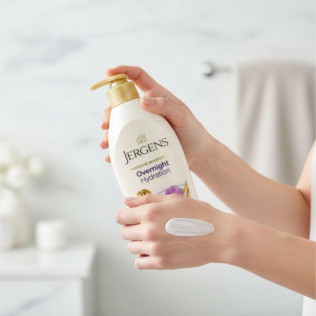 Woman applying Jergens lotion moisturizer for soft, hydrated skin